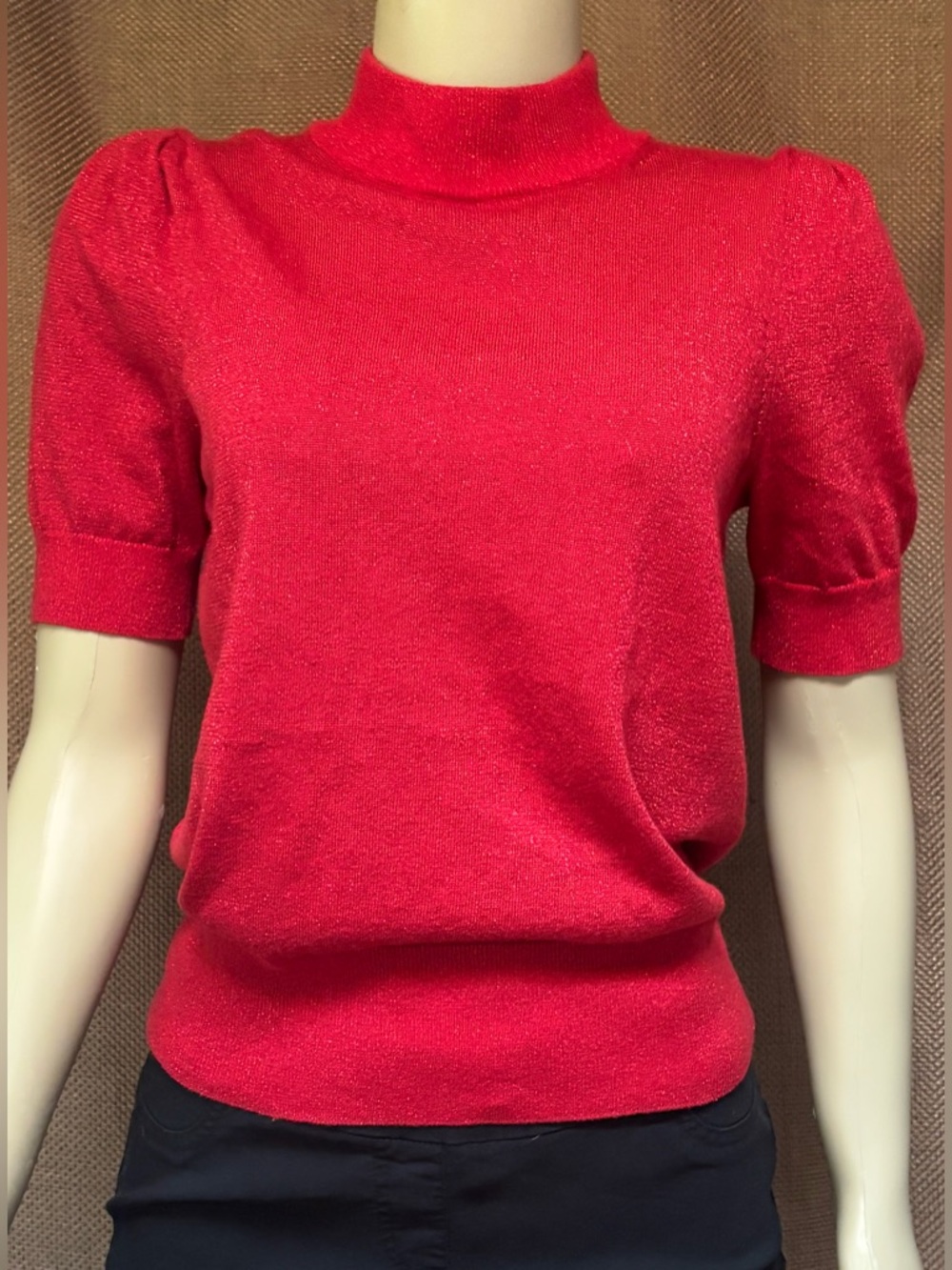 Michael Kors Red Metallic Mock Neck Short Sleeve Sweater